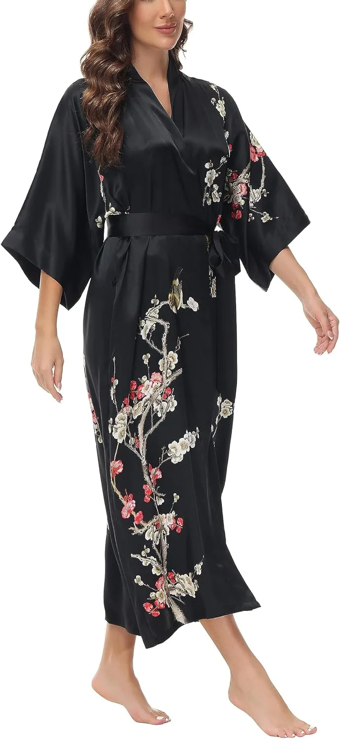 Women's Mulberry Silk Sleepwear 100% Silk Charmeuse Floral Printed Long Kimono Robe