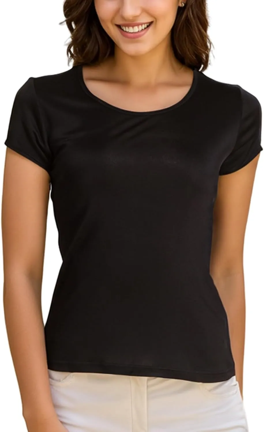 Womens Mulberry Silk T Shirts Basic Crewneck Short sleeve Tee Tops Blouse Summer Casual Solid Tshirts