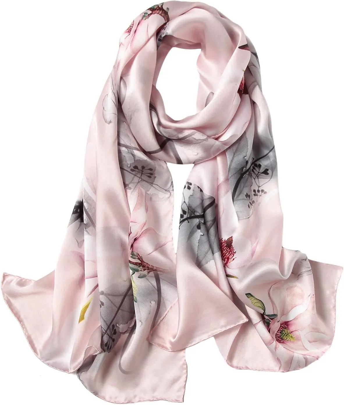 Women's Pure Mulberry Silk Scarf Floral Print Satin Long Scarf Wrap Shawl (xtrm01)