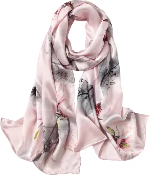 Women's Pure Mulberry Silk Scarf Floral Print Satin Long Scarf Wrap Shawl (xtrm01)