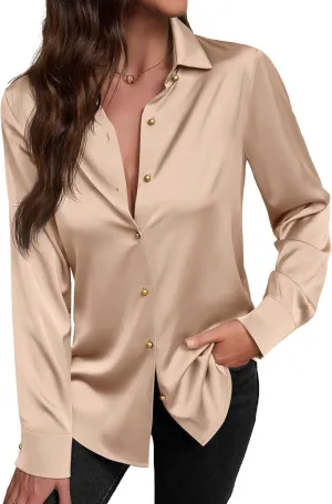 Women's Satin Button Down Shirts V-Neck Long Sleeve Tops Summer Business Office Silk Blouses Fashion Spring Shirt 2025