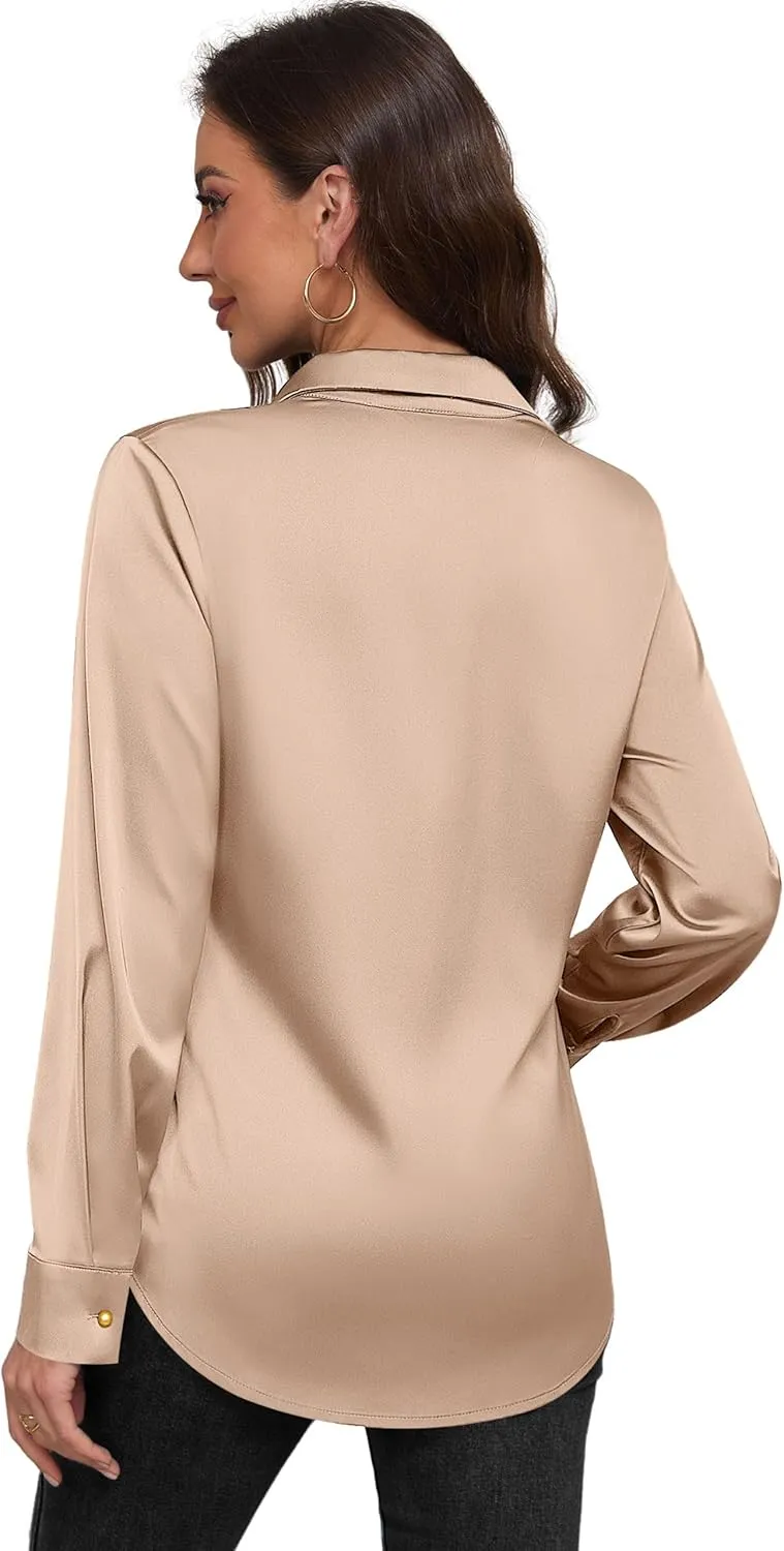 Women's Satin Button Down Shirts V-Neck Long Sleeve Tops Summer Business Office Silk Blouses Fashion Spring Shirt 2025