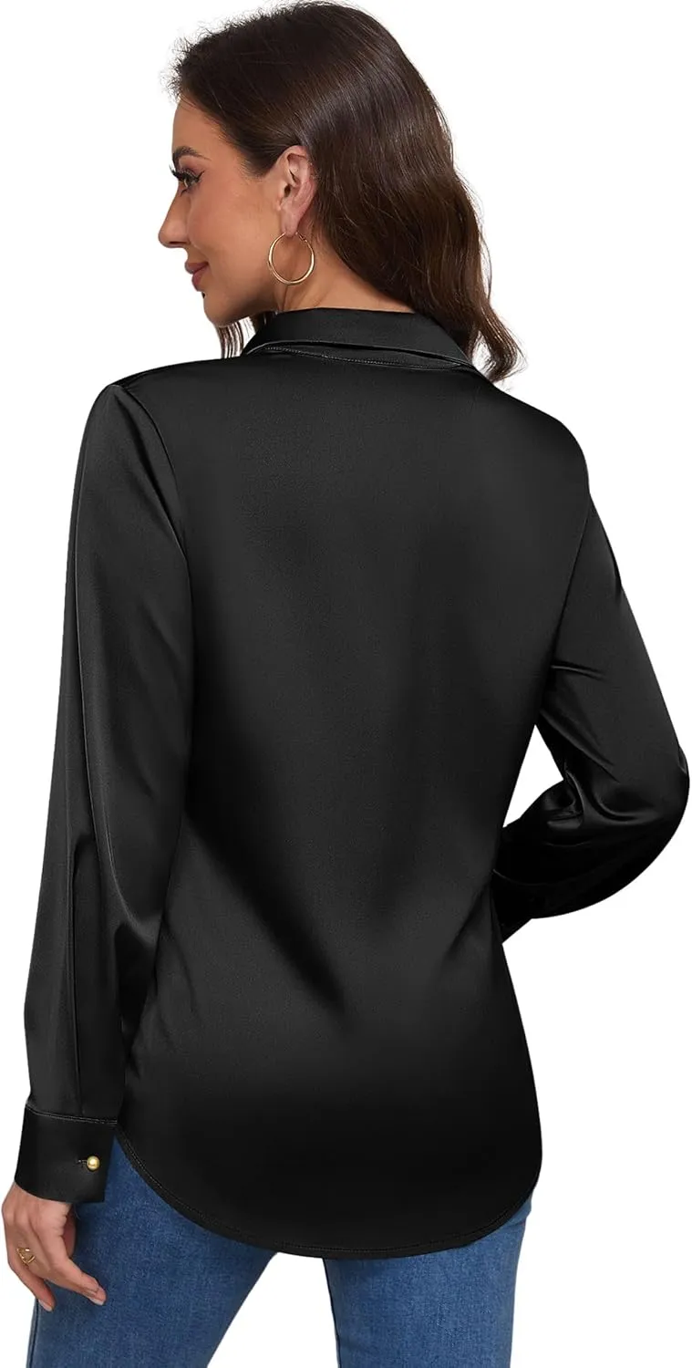 Women's Satin Button Down Shirts V-Neck Long Sleeve Tops Summer Business Office Silk Blouses Fashion Spring Shirt 2025