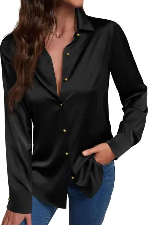 Women's Satin Button Down Shirts V-Neck Long Sleeve Tops Summer Business Office Silk Blouses Fashion Spring Shirt 2025