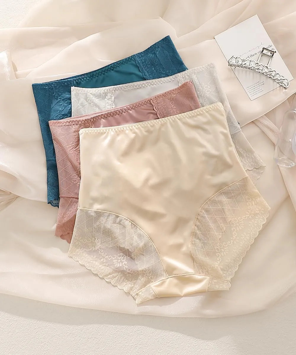 Women's Satin Panties 3-Pack - High Waist Lace Trim, Silk-Lined Comfort, True to Size (L/XL)