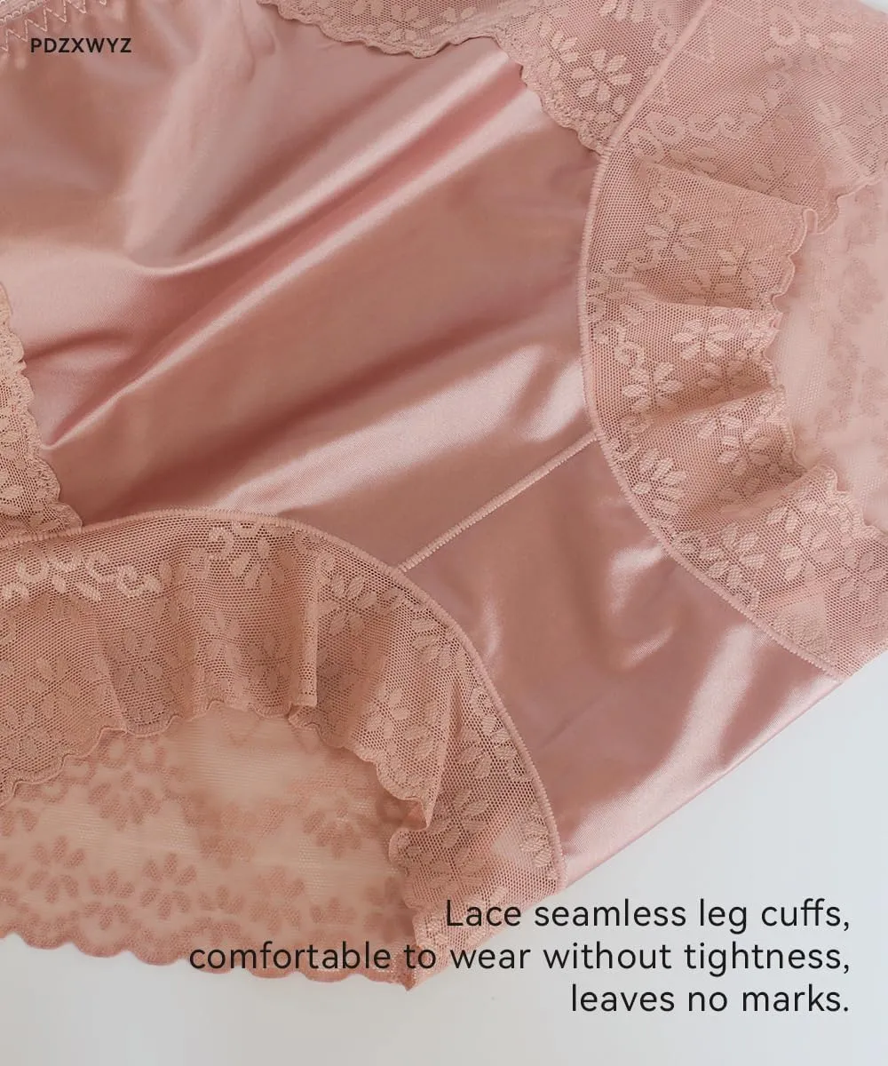 Women's Satin Panties 3-Pack - High Waist Lace Trim, Silk-Lined Comfort, True to Size (L/XL)