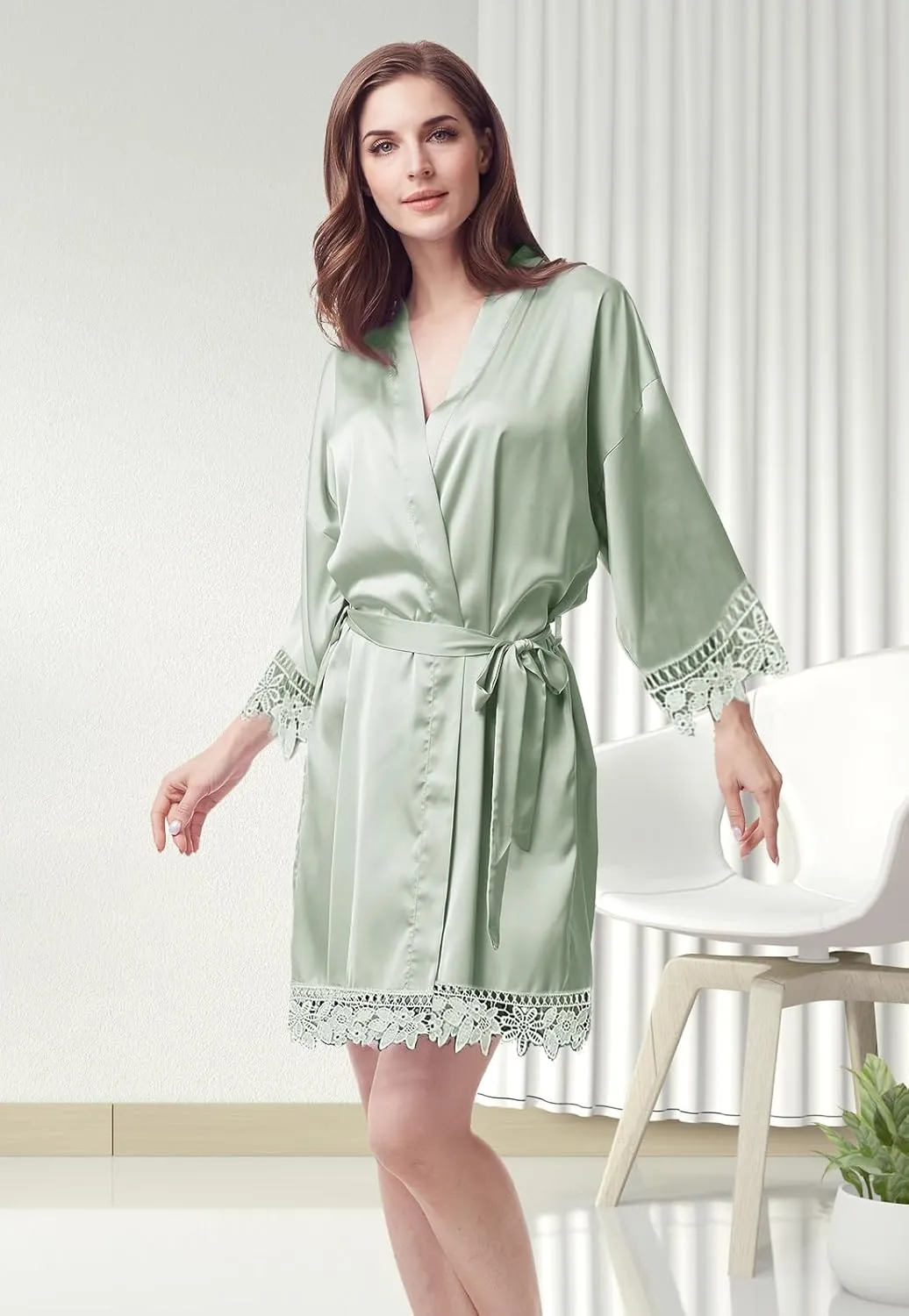 Womens Silk Robe Satin Robe Silky Kimono Lace Bathrobe Sleepwear Wedding For Bridal Bride Bridesmaid Robes