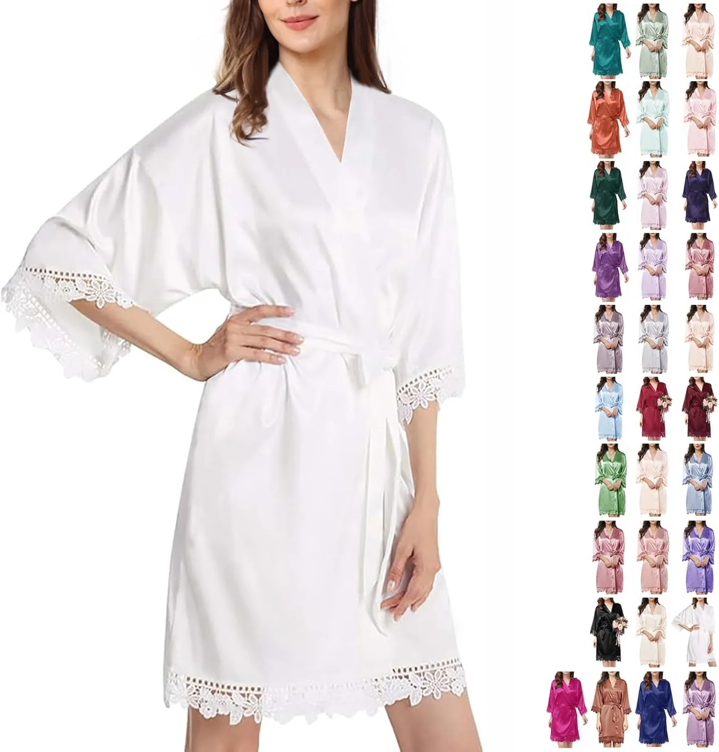 Womens Silk Robe Satin Robe Silky Kimono Lace Bathrobe Sleepwear Wedding For Bridal Bride Bridesmaid Robes