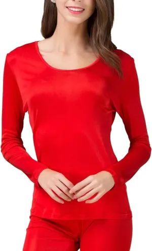 Women's Silk Thermal Underwear Top Mulberry Silk Scoop Neck Baselayer Shirt Long Sleeve Undershirt Slim Lightweight Blouse