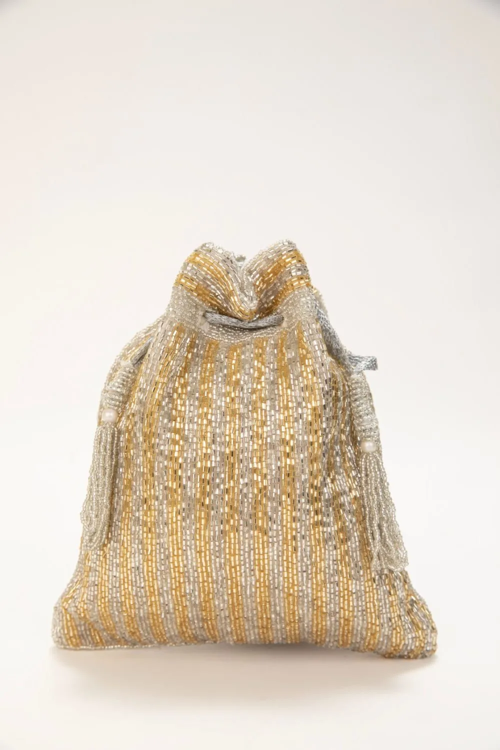 Women'S Silver & Gold Sequins Silk Potli With Indian Hand Work And Pearl Handle