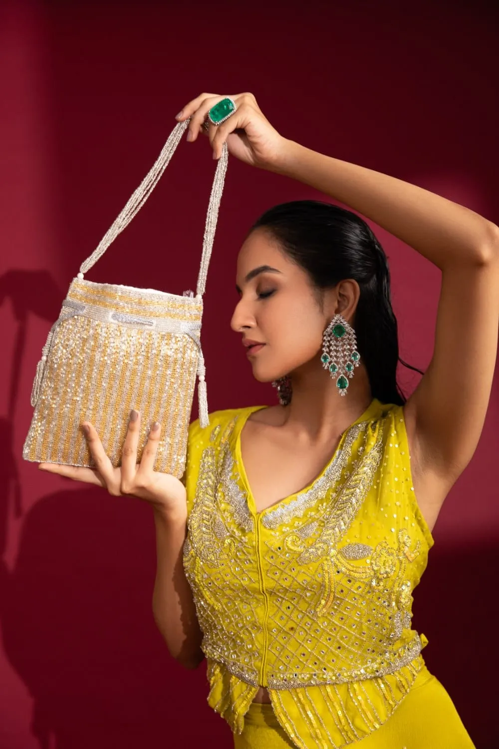 Women'S Silver & Gold Sequins Silk Potli With Indian Hand Work And Pearl Handle