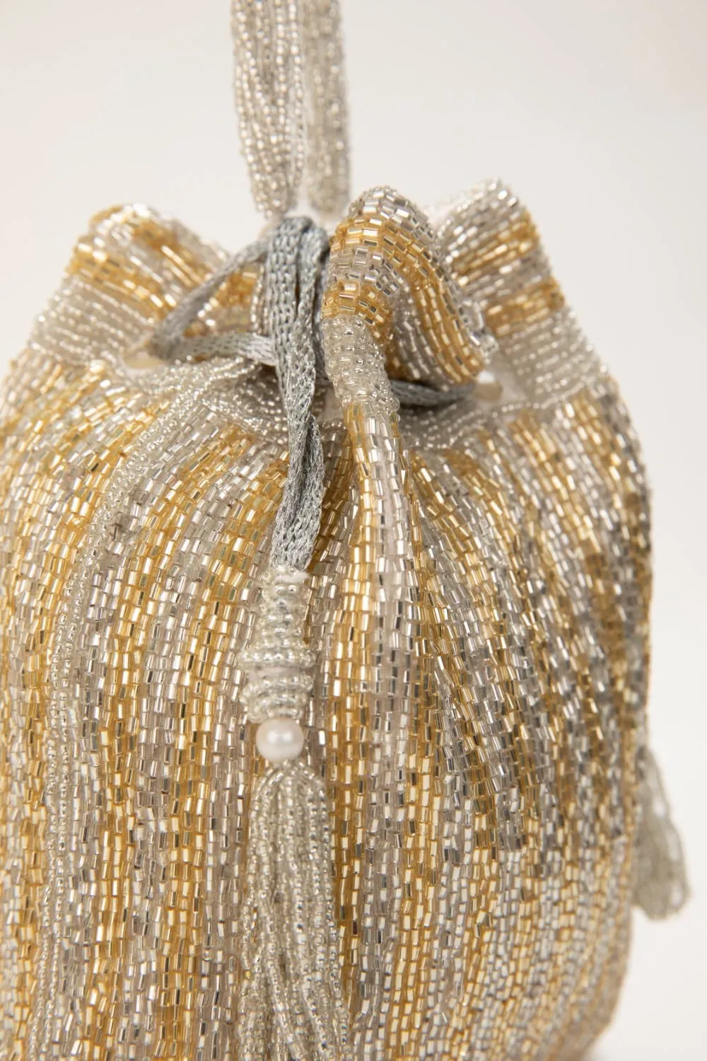 Women'S Silver & Gold Sequins Silk Potli With Indian Hand Work And Pearl Handle