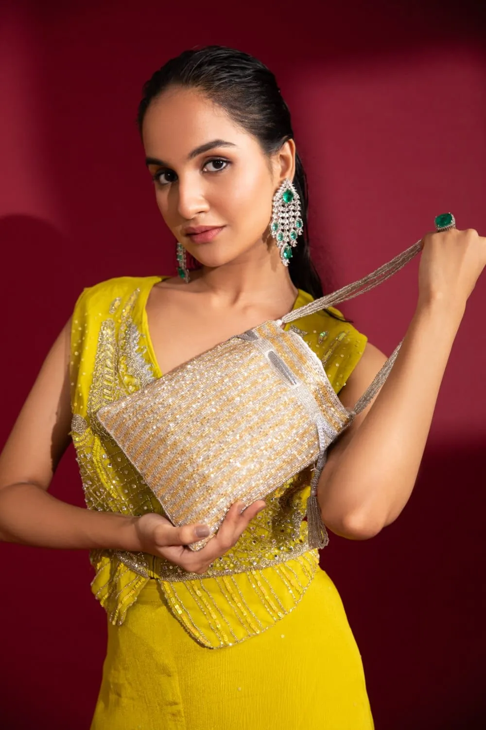 Women'S Silver & Gold Sequins Silk Potli With Indian Hand Work And Pearl Handle