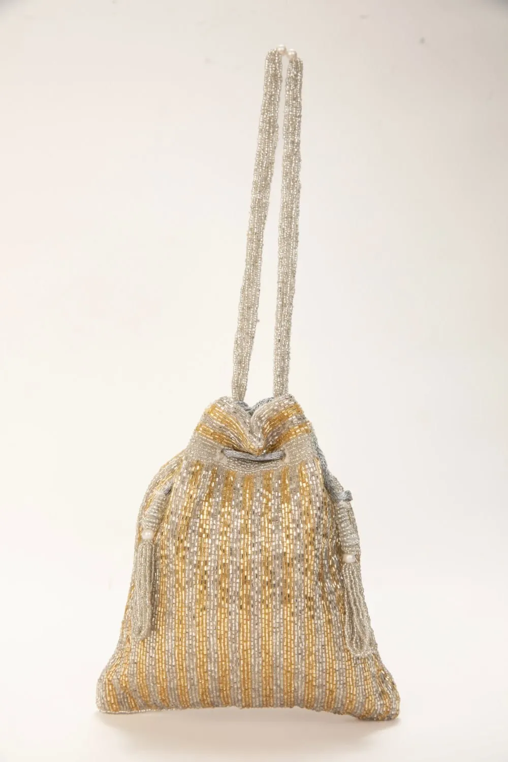 Women'S Silver & Gold Sequins Silk Potli With Indian Hand Work And Pearl Handle