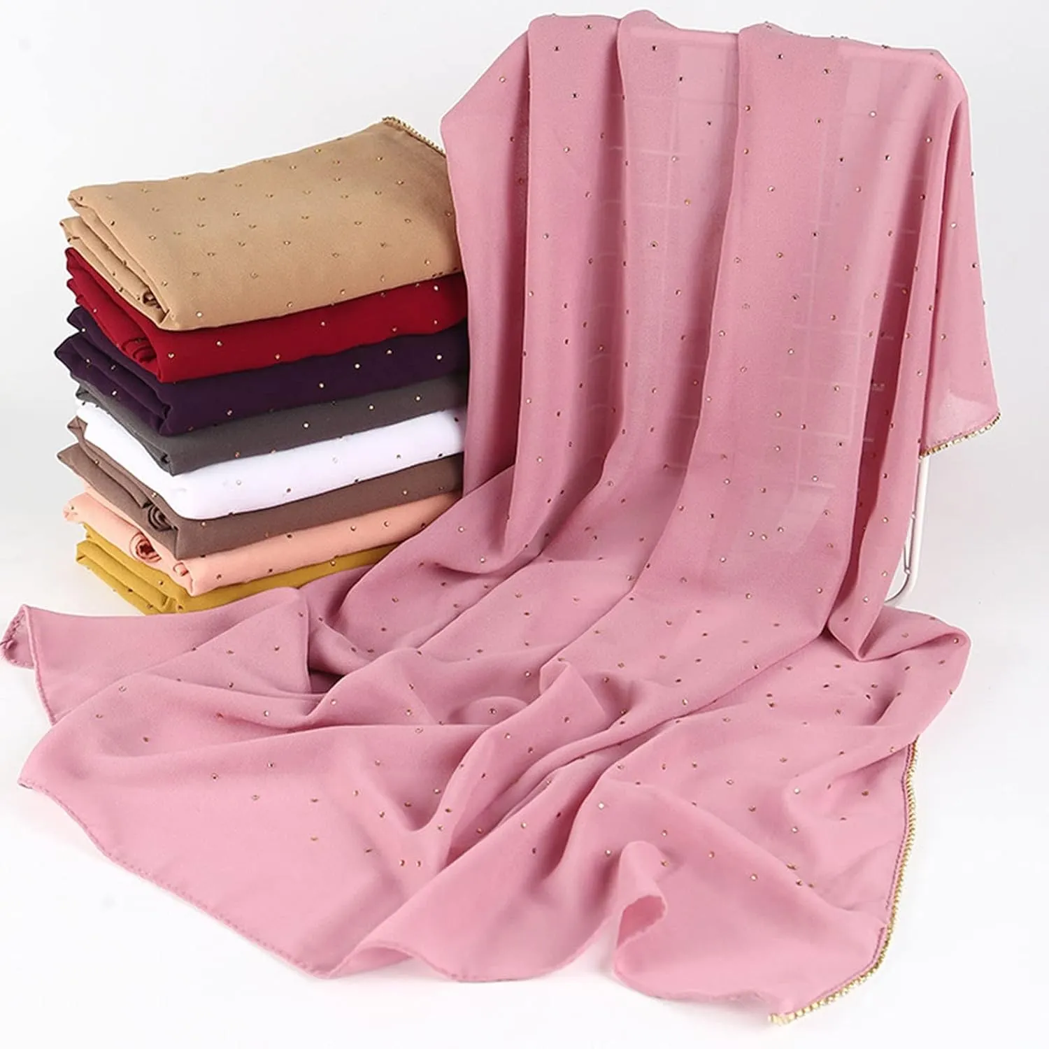 Women's Soft Chiffon Diamond Headscarf Spring Summer Long Shawl Muslim Hijab Scarf Shirts Women Silk