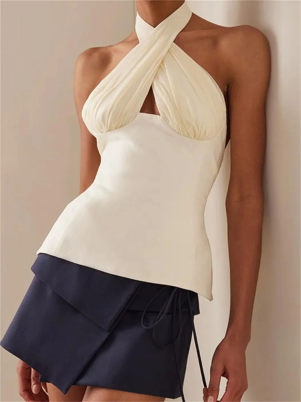 Women's Summer Sleeveless Tank Tops Halter Neck Backless Tie-Up Off-Shoulder Ruched Crop Solid Streetwear Fashion