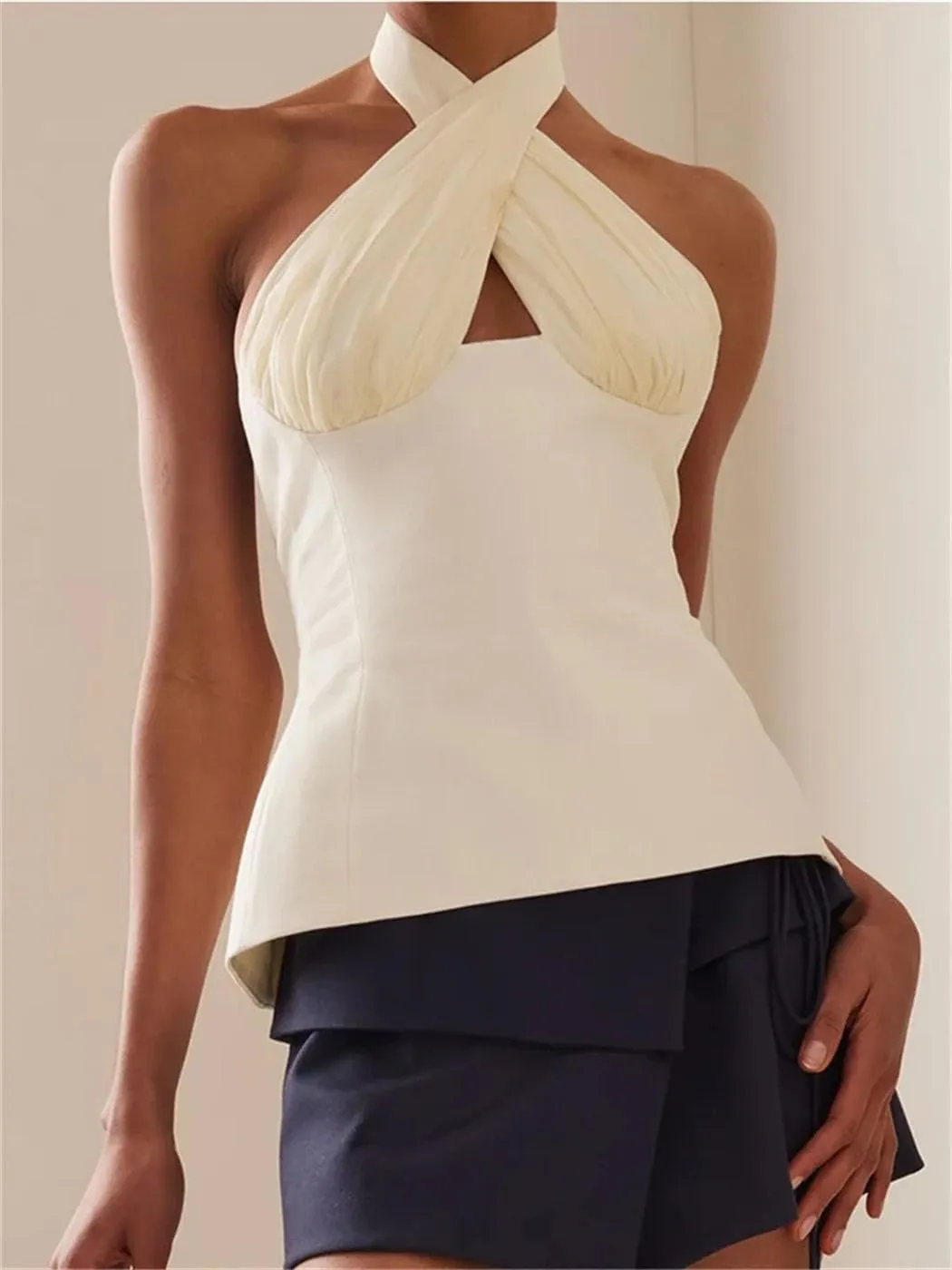Women's Summer Sleeveless Tank Tops Halter Neck Backless Tie-Up Off-Shoulder Ruched Crop Solid Streetwear Fashion