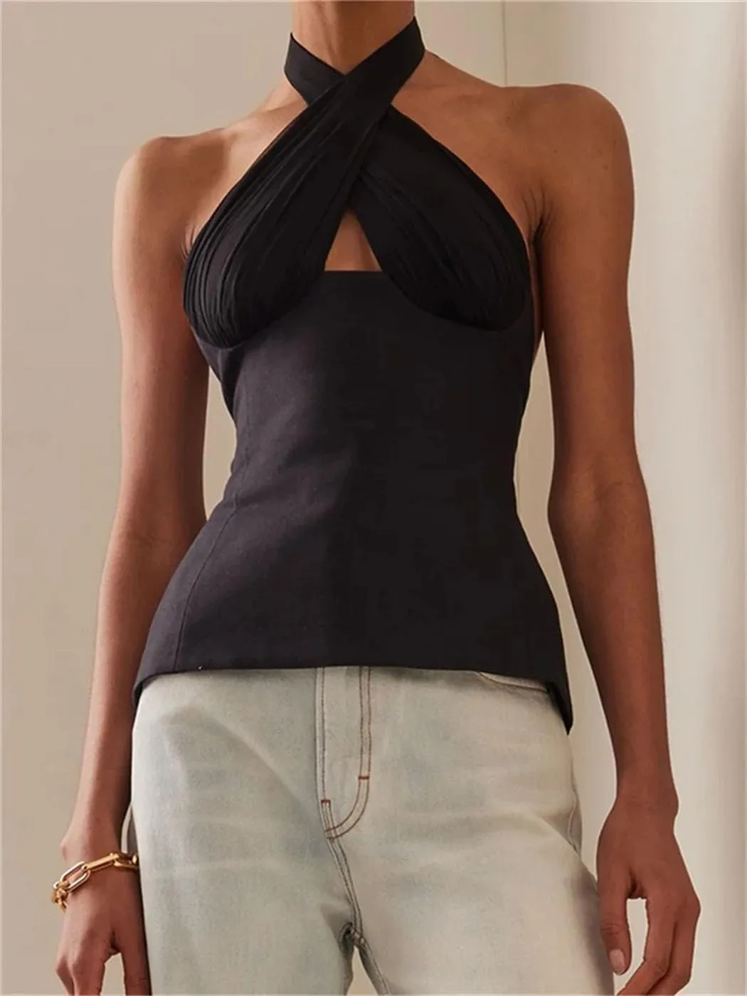 Women's Summer Sleeveless Tank Tops Halter Neck Backless Tie-Up Off-Shoulder Ruched Crop Solid Streetwear Fashion