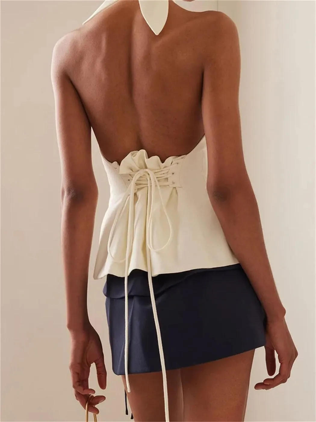 Women's Summer Sleeveless Tank Tops Halter Neck Backless Tie-Up Off-Shoulder Ruched Crop Solid Streetwear Fashion