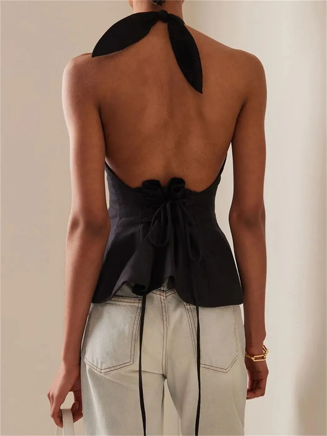 Women's Summer Sleeveless Tank Tops Halter Neck Backless Tie-Up Off-Shoulder Ruched Crop Solid Streetwear Fashion