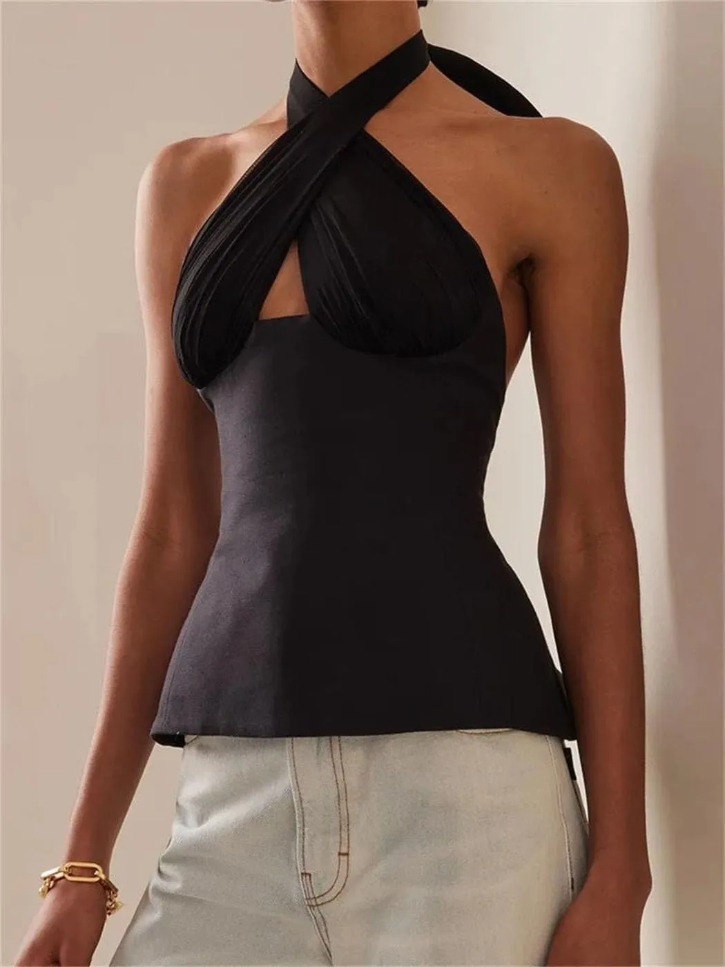 Women's Summer Sleeveless Tank Tops Halter Neck Backless Tie-Up Off-Shoulder Ruched Crop Solid Streetwear Fashion