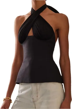 Women's Summer Sleeveless Tank Tops Halter Neck Backless Tie-Up Off-Shoulder Ruched Crop Solid Streetwear Fashion