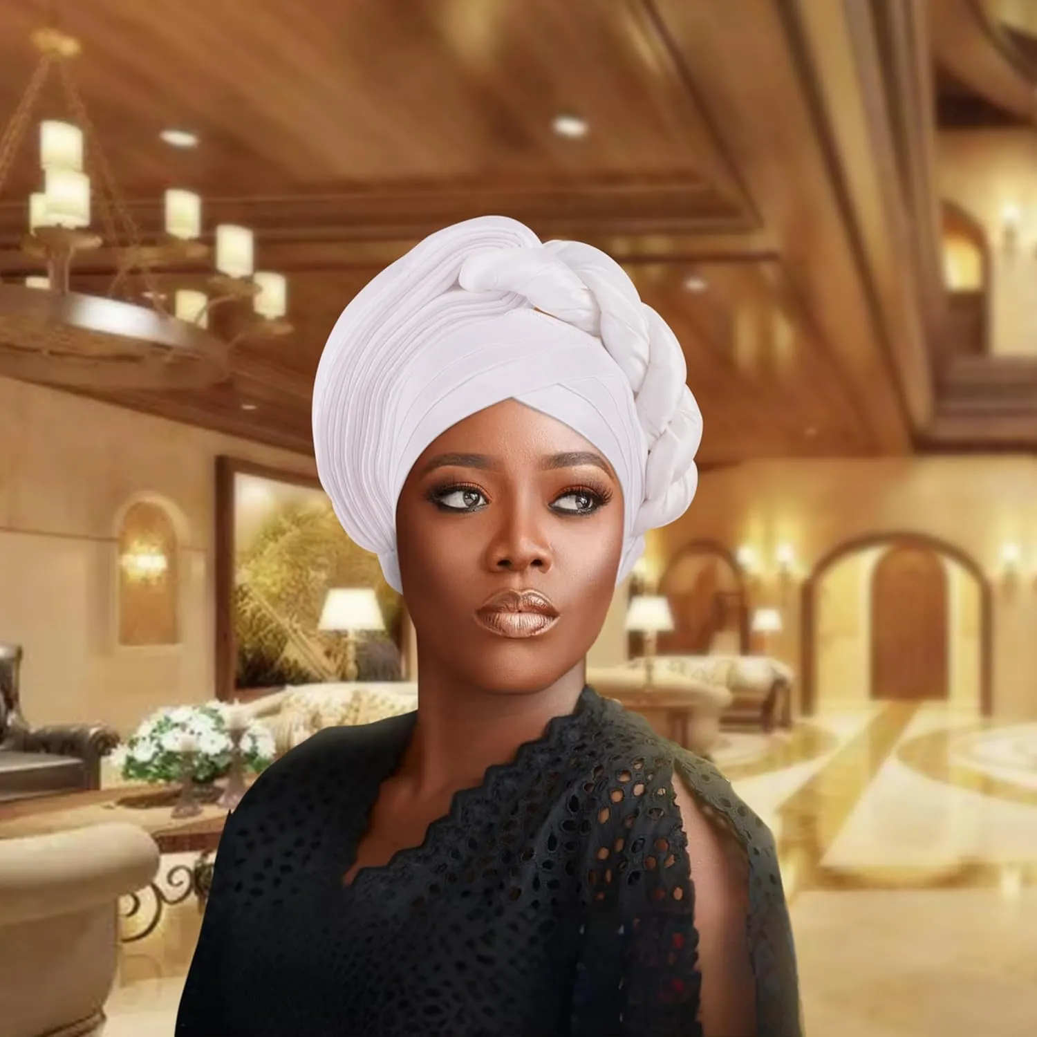 Women's Turban Cap Nigeria Wedding Auto Geles Party Headwear Female Head Wraps Raw Silk African Headtie Autogele (One Size,White)