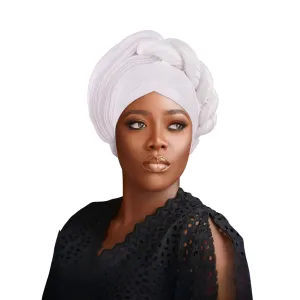 Women's Turban Cap Nigeria Wedding Auto Geles Party Headwear Female Head Wraps Raw Silk African Headtie Autogele (One Size,White)