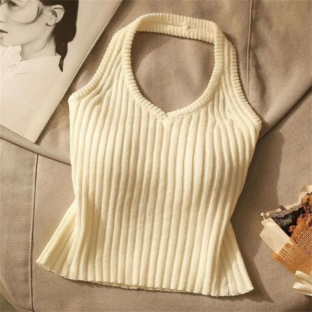 Women's Vintage Letter Diamond Halter Camisole Retro-Inspired Adjustable Summer Tops Elastic Slim-Fit Vest