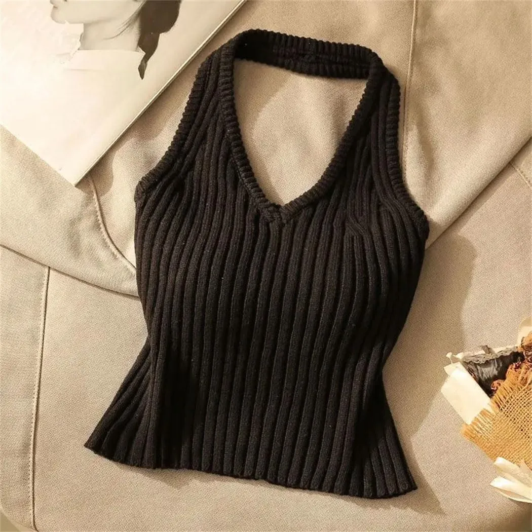 Women's Vintage Letter Diamond Halter Camisole Retro-Inspired Adjustable Summer Tops Elastic Slim-Fit Vest