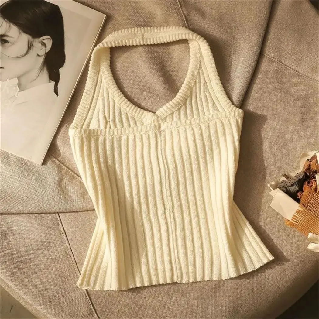 Women's Vintage Letter Diamond Halter Camisole Retro-Inspired Adjustable Summer Tops Elastic Slim-Fit Vest