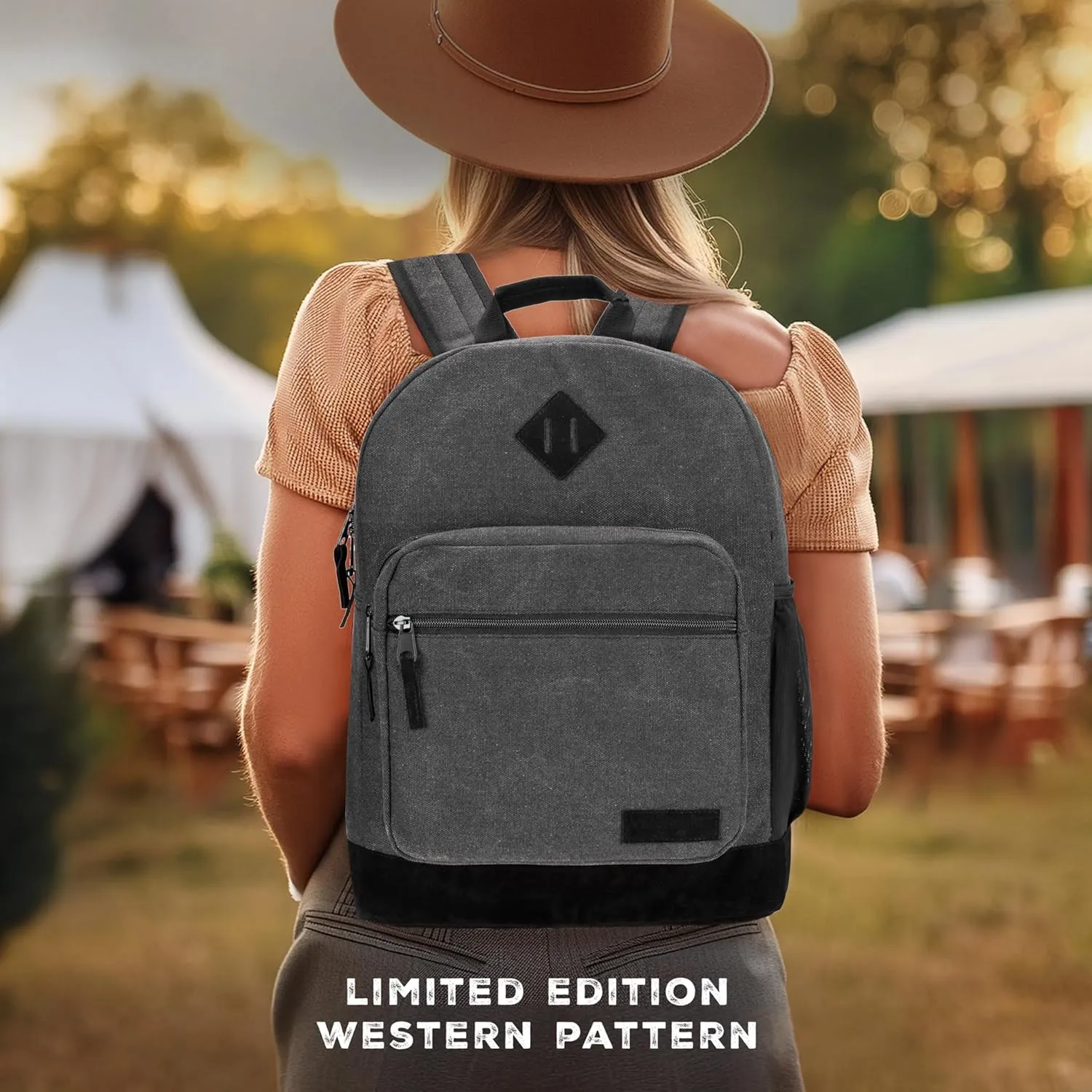 Wrangler Yellowstone Western-Style Backpack Coated Canvas Water Resistant Casual Daypack for Travel, Class, Everyday Use with Padded Laptop Notebook Sleeve (Dark Gray)