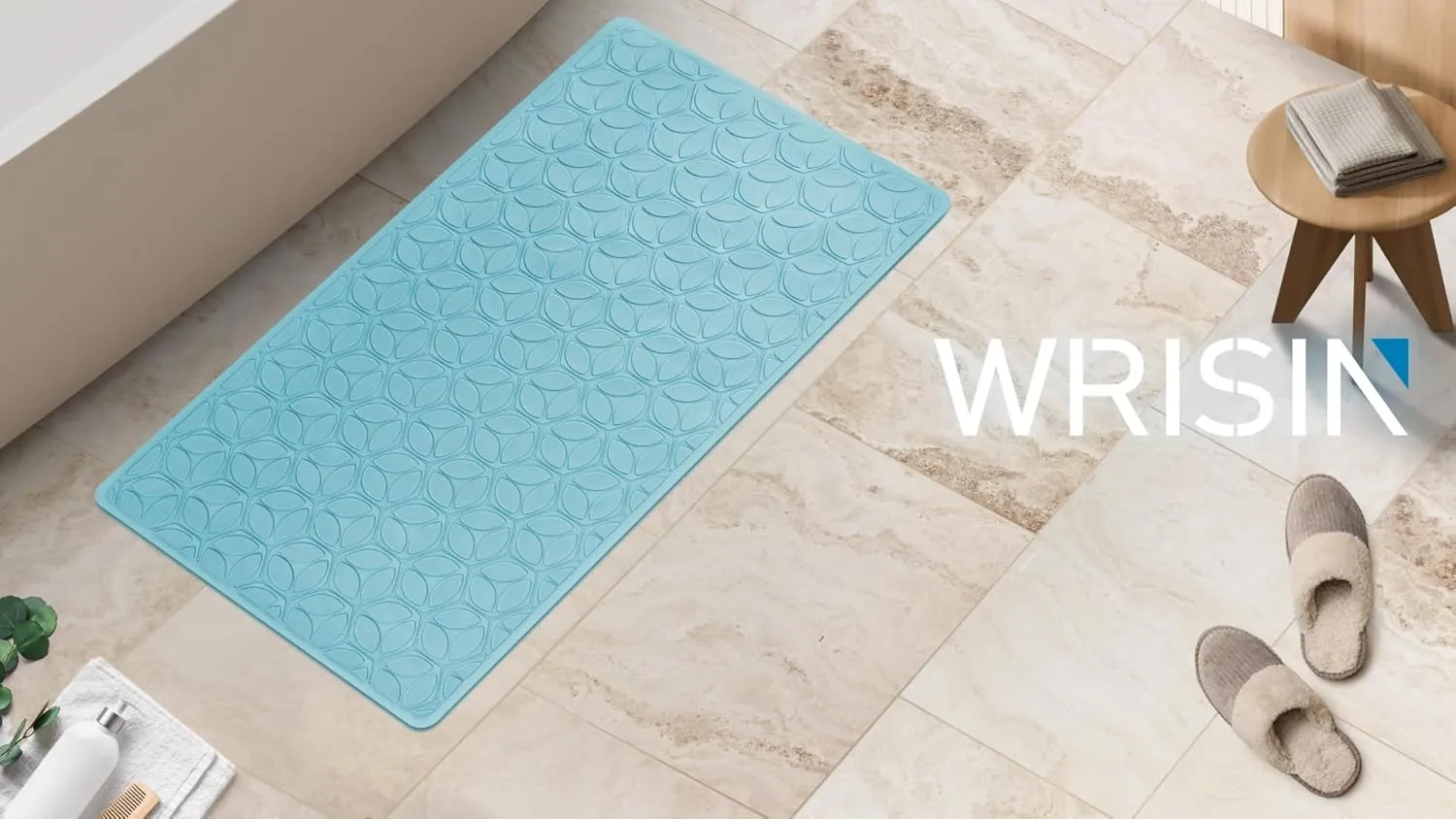 WRISIN Bathtub Mat Non Slip with Suction Cups - 100% Rubber Bathroom Mat Textured for Bath Tub Shower Safety - Soft on Touch - BPA/PVC Free - Pet Dog Bath Mat - Machine Washable - 16 × 28 Inch（Blue）