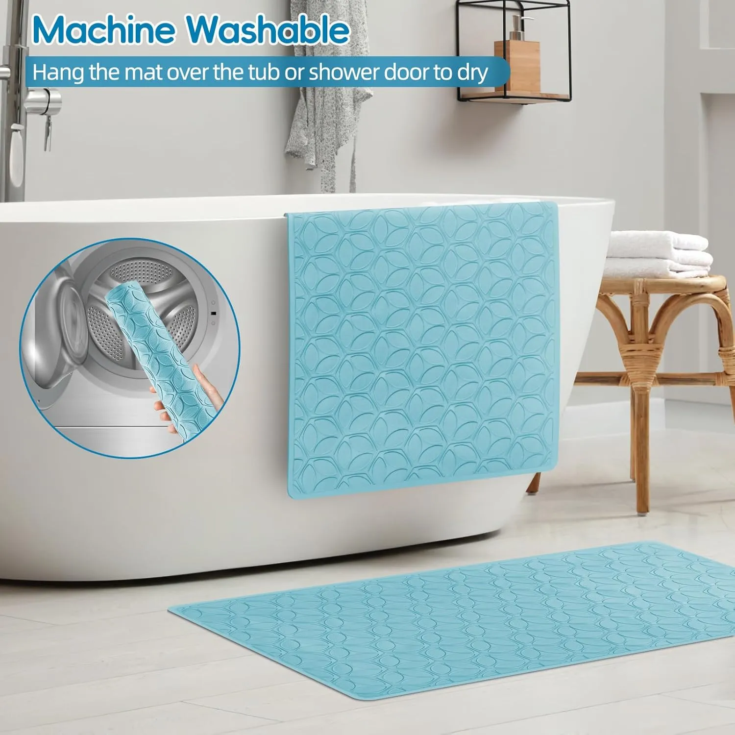 WRISIN Bathtub Mat Non Slip with Suction Cups - 100% Rubber Bathroom Mat Textured for Bath Tub Shower Safety - Soft on Touch - BPA/PVC Free - Pet Dog Bath Mat - Machine Washable - 16 × 28 Inch（Blue）