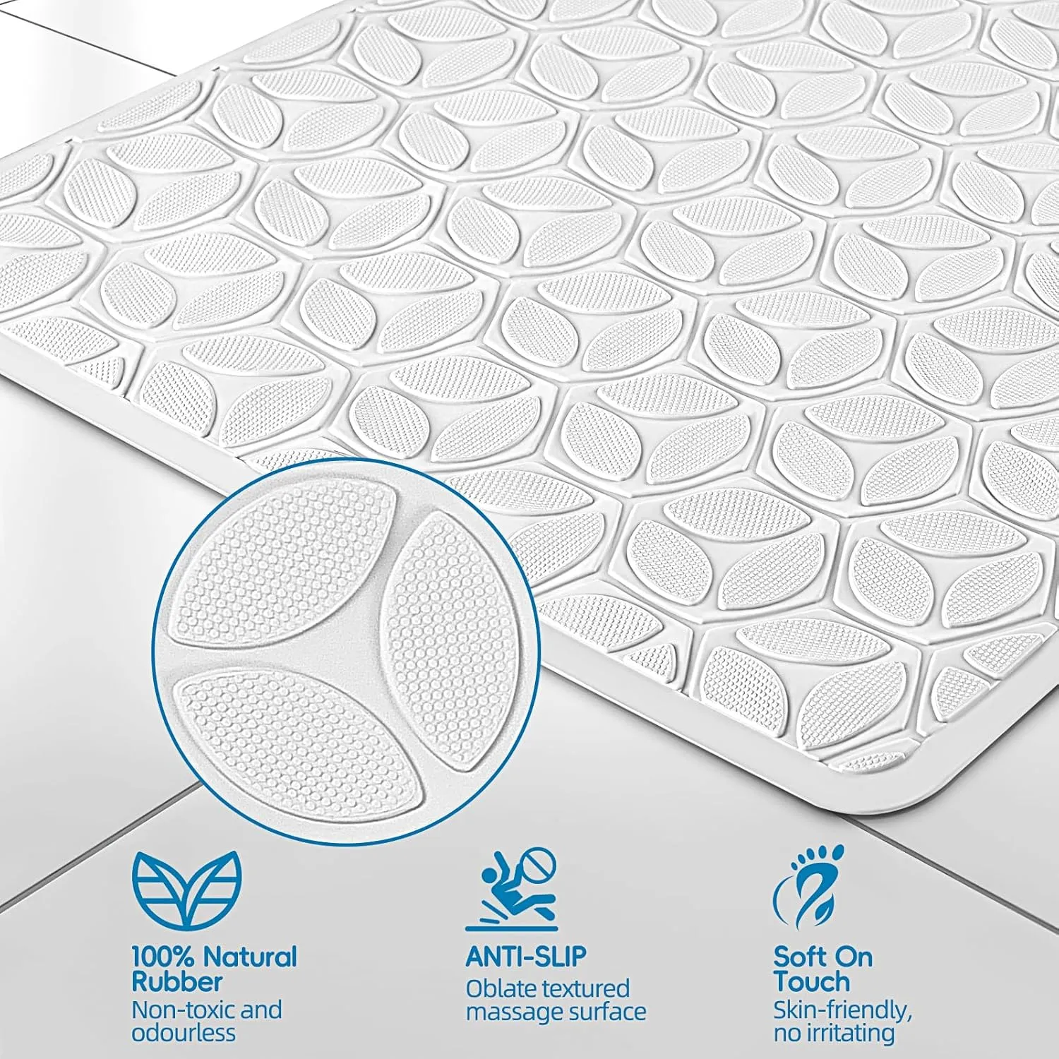 WRISIN Bathtub Mat Non Slip with Suction Cups - 100% Rubber Bathroom Mat Textured for Bath Tub Shower Safety - Soft on Touch - BPA/PVC Free - Pet Dog Bath Mat - Machine Washable - 17 × 35 Inch（White）