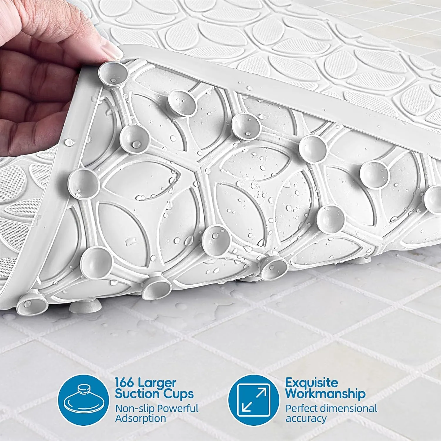WRISIN Bathtub Mat Non Slip with Suction Cups - 100% Rubber Bathroom Mat Textured for Bath Tub Shower Safety - Soft on Touch - BPA/PVC Free - Pet Dog Bath Mat - Machine Washable - 17 × 35 Inch（White）