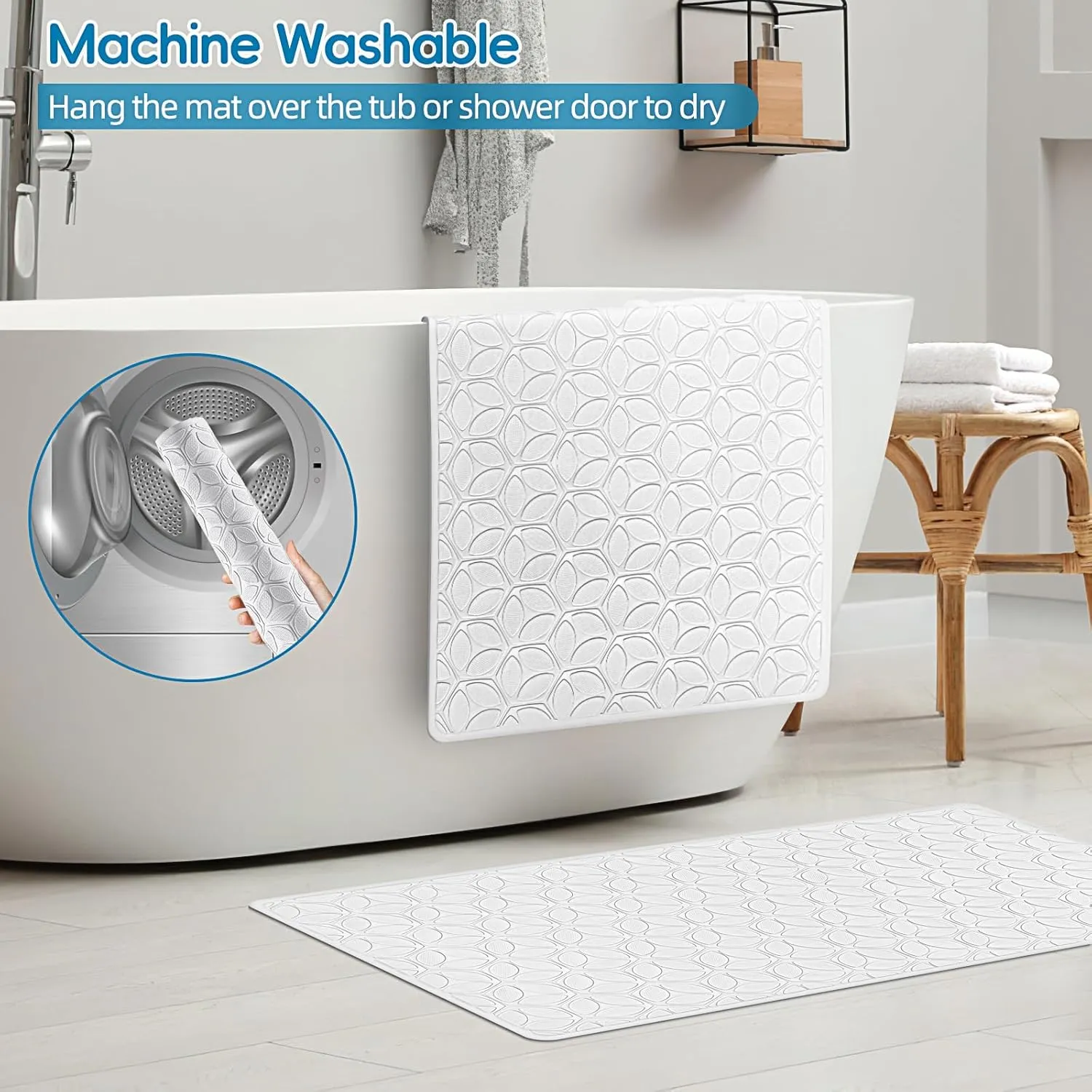 WRISIN Bathtub Mat Non Slip with Suction Cups - 100% Rubber Bathroom Mat Textured for Bath Tub Shower Safety - Soft on Touch - BPA/PVC Free - Pet Dog Bath Mat - Machine Washable - 17 × 35 Inch（White）