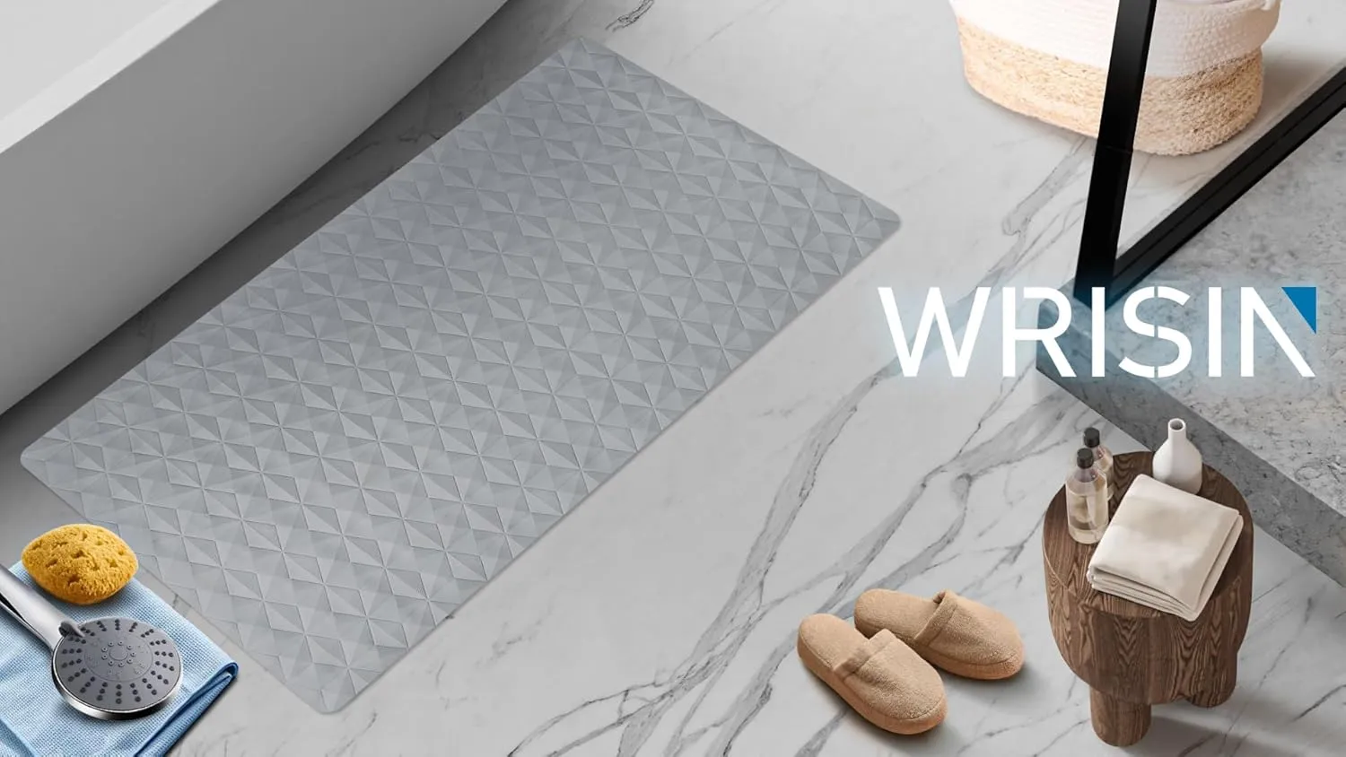 WRISIN Non Slip Bathtub Mat for Bath Tub Shower - Natural Rubber Mat with 241 Suction Cups - Soft Bathroom Safety Mat - Unique Diamond Pattern - Fatigue Relief - Machine Washable - 16 × 28 Inch