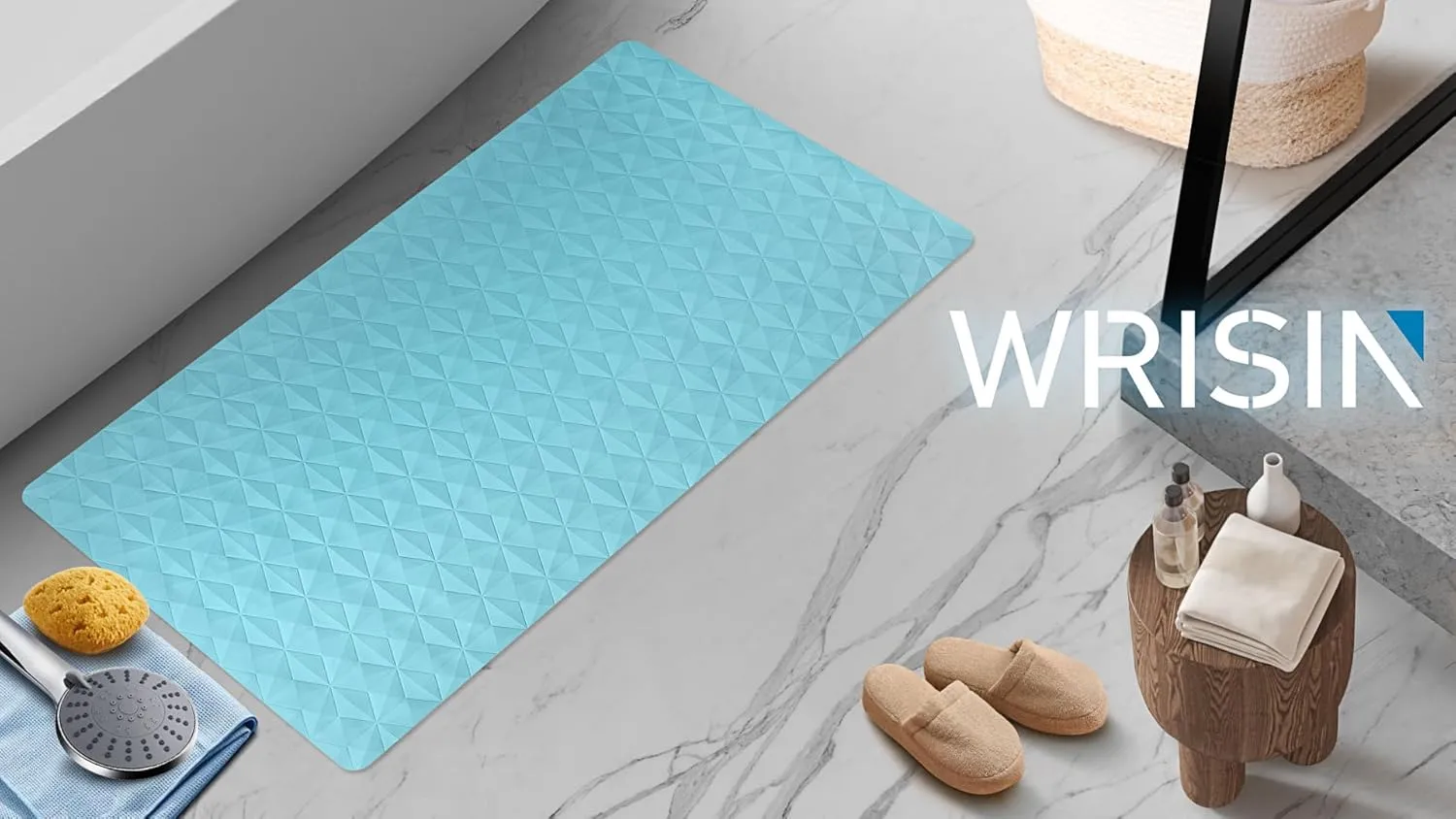 WRISIN Non Slip Bathtub Mat for Bath Tub Shower - Natural Rubber Mat with Suction Cups - Large Soft Bathroom Safety Mat - Unique Diamond Pattern - Fatigue Relief - Machine Washable - 17 × 35 Inch