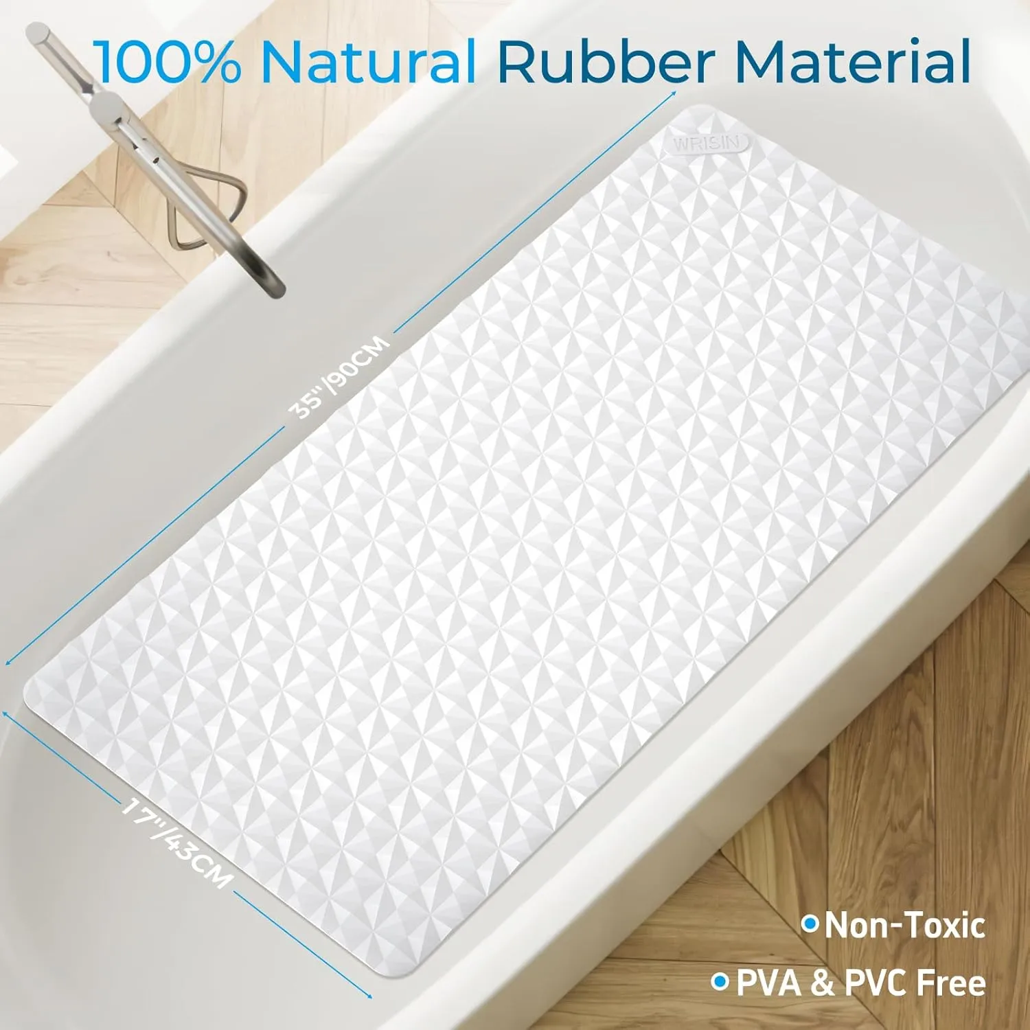 WRISIN Non Slip Bathtub Mat for Bath Tub Shower Safety - Natural Rubber Mat with Suction Cups ＆ Drain Holes - BPA/PVC Free Large Bathroom Mat - Machine Washable - Unique Diamond Pattern - 17 × 35 Inch