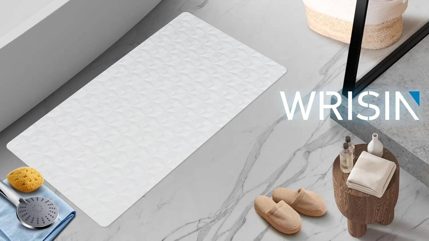 WRISIN Non Slip Bathtub Mat for Bath Tub Shower Safety - Natural Rubber Mat with Suction Cups ＆ Drain Holes - BPA/PVC Free Large Bathroom Mat - Machine Washable - Unique Diamond Pattern - 17 × 35 Inch