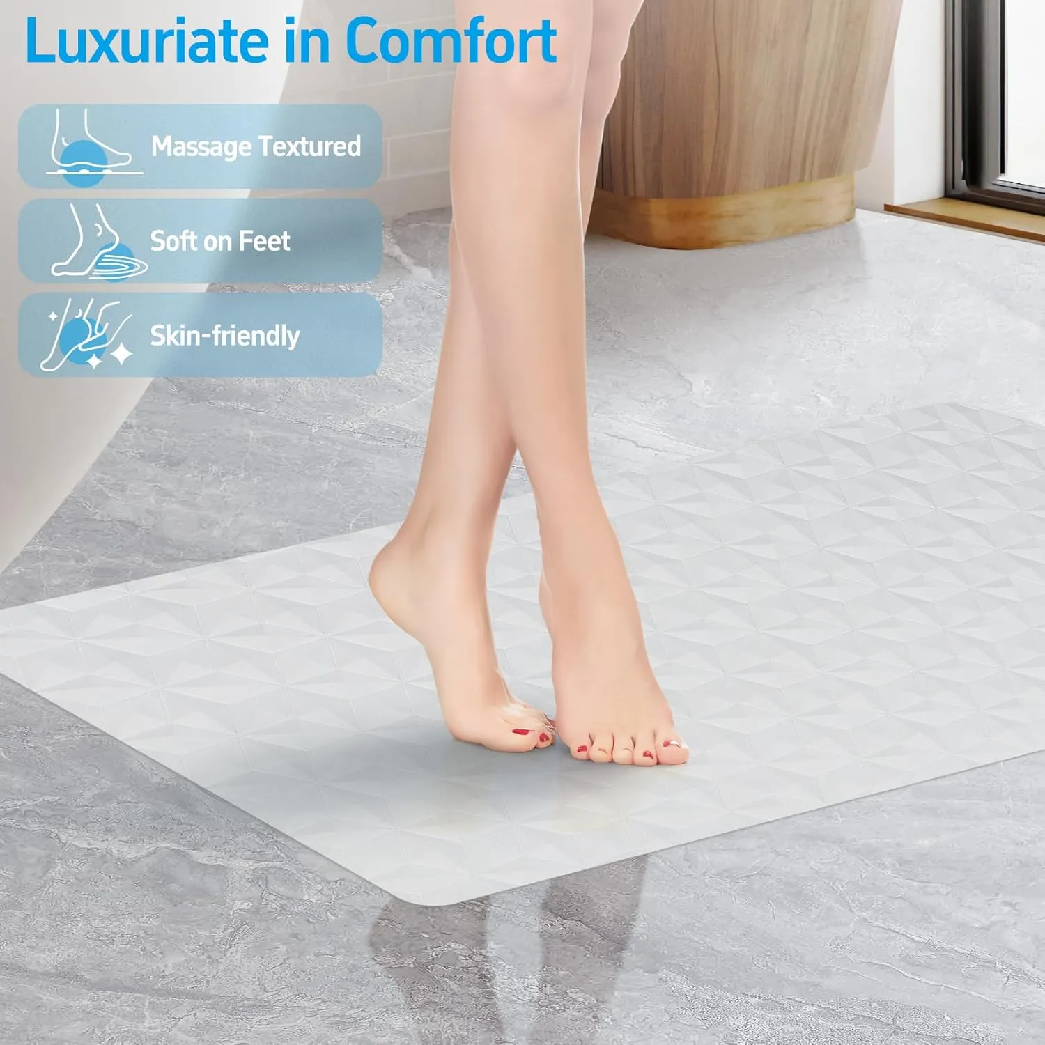 WRISIN Non Slip Bathtub Mat for Bath Tub Shower Safety - Natural Rubber Mat with Suction Cups ＆ Drain Holes - BPA/PVC Free Large Bathroom Mat - Machine Washable - Unique Diamond Pattern - 17 × 35 Inch