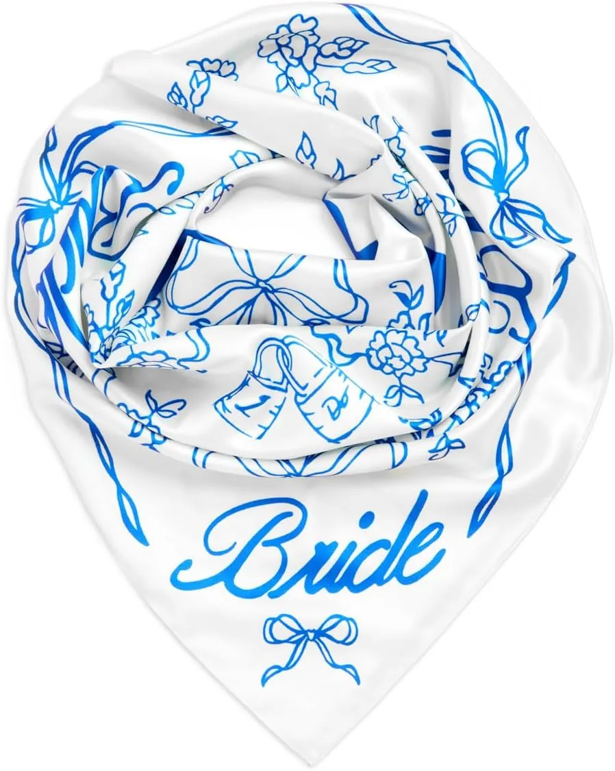 xo, Fetti Bride Head Scarf, 27x27 in | Bachelorette Bandana, Bridal Headwear, Bach Party Accessory, Bridesmaid Gift, White Wedding Handkerchief, Something Blue Silk Hat