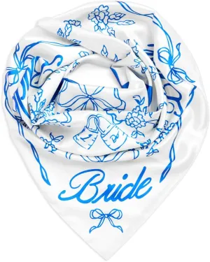 xo, Fetti Bride Head Scarf, 27x27 in | Bachelorette Bandana, Bridal Headwear, Bach Party Accessory, Bridesmaid Gift, White Wedding Handkerchief, Something Blue Silk Hat