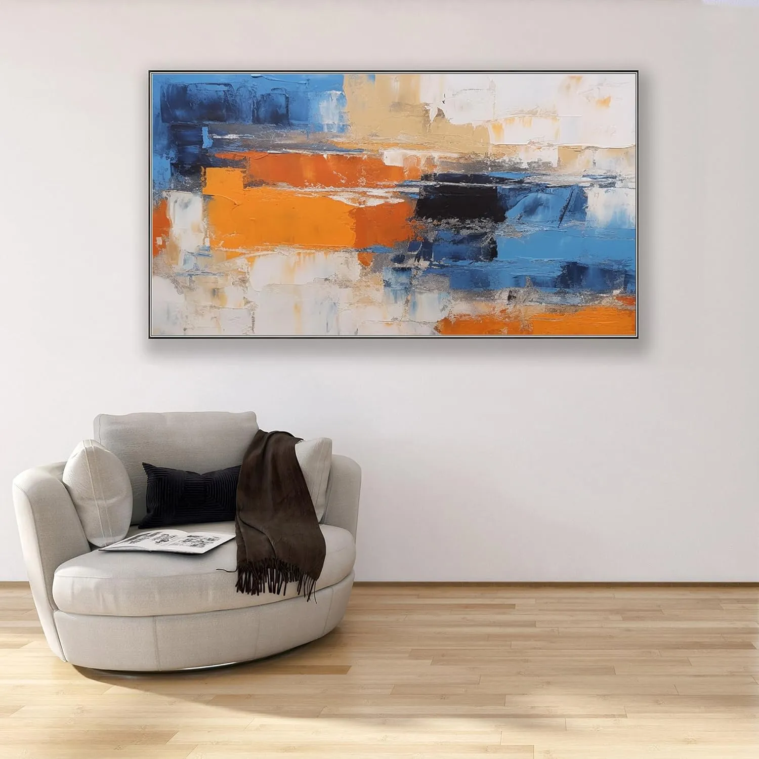 Yahedoba Blue and white minimalist hand-painted acrylic painting, modern abstract wall decoration,(122 * 244cm) 48 * 96 Inches,Unstretched,Frameless