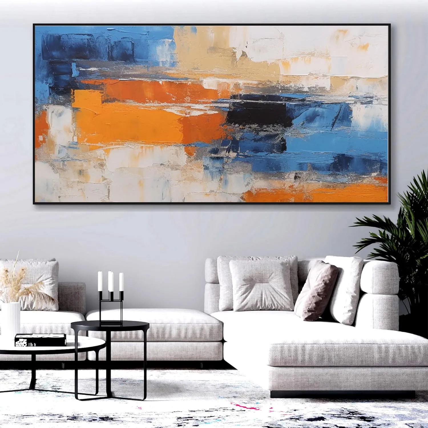 Yahedoba Blue and white minimalist hand-painted acrylic painting, modern abstract wall decoration,(122 * 244cm) 48 * 96 Inches,Unstretched,Frameless
