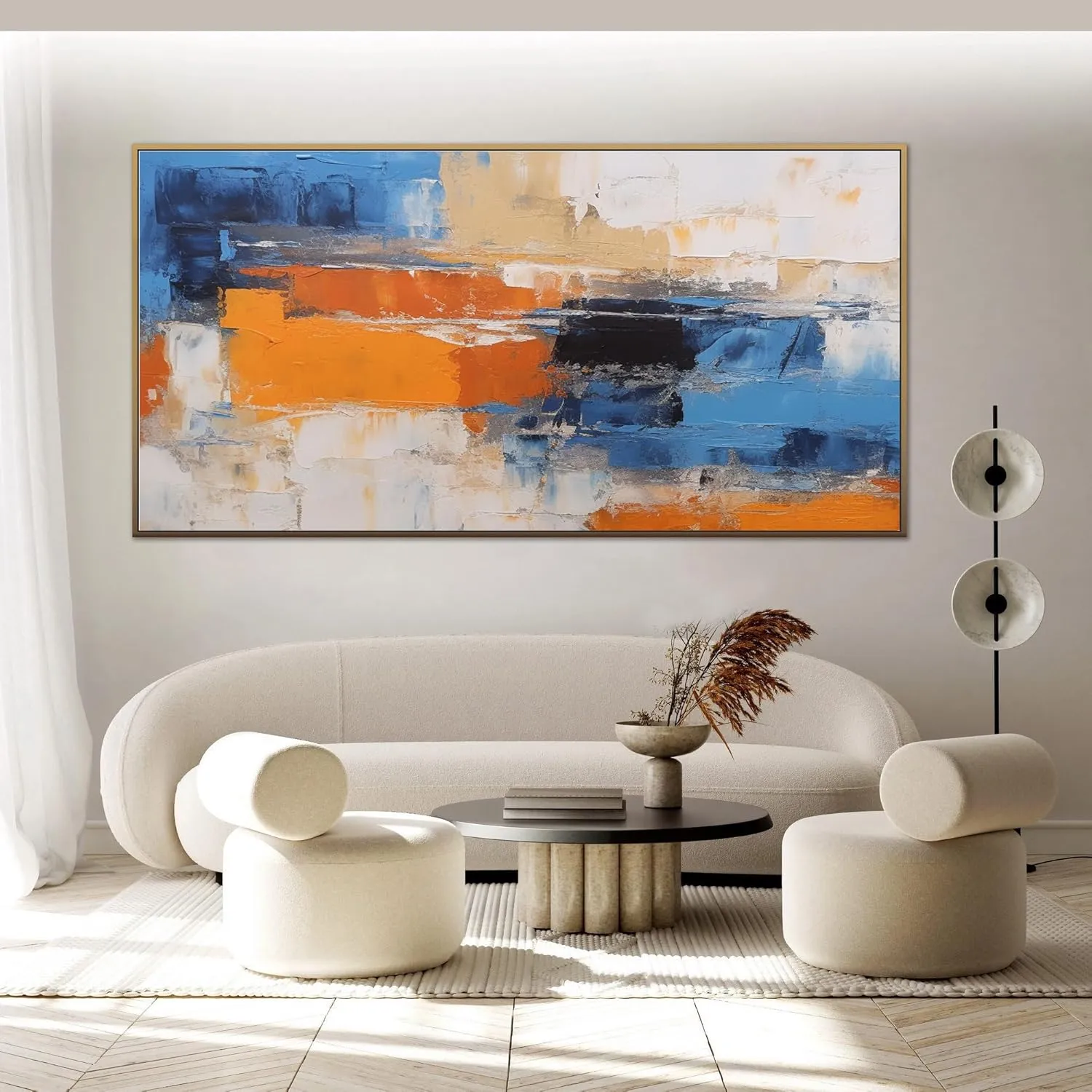 Yahedoba Blue and white minimalist hand-painted acrylic painting, modern abstract wall decoration,(122 * 244cm) 48 * 96 Inches,Unstretched,Frameless