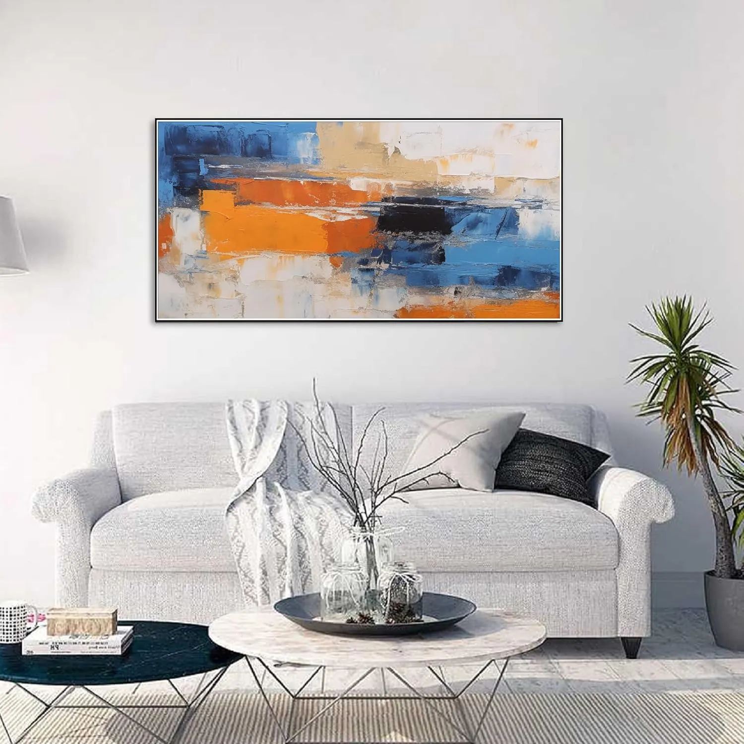 Yahedoba Blue and white minimalist hand-painted acrylic painting, modern abstract wall decoration,(122 * 244cm) 48 * 96 Inches,Unstretched,Frameless