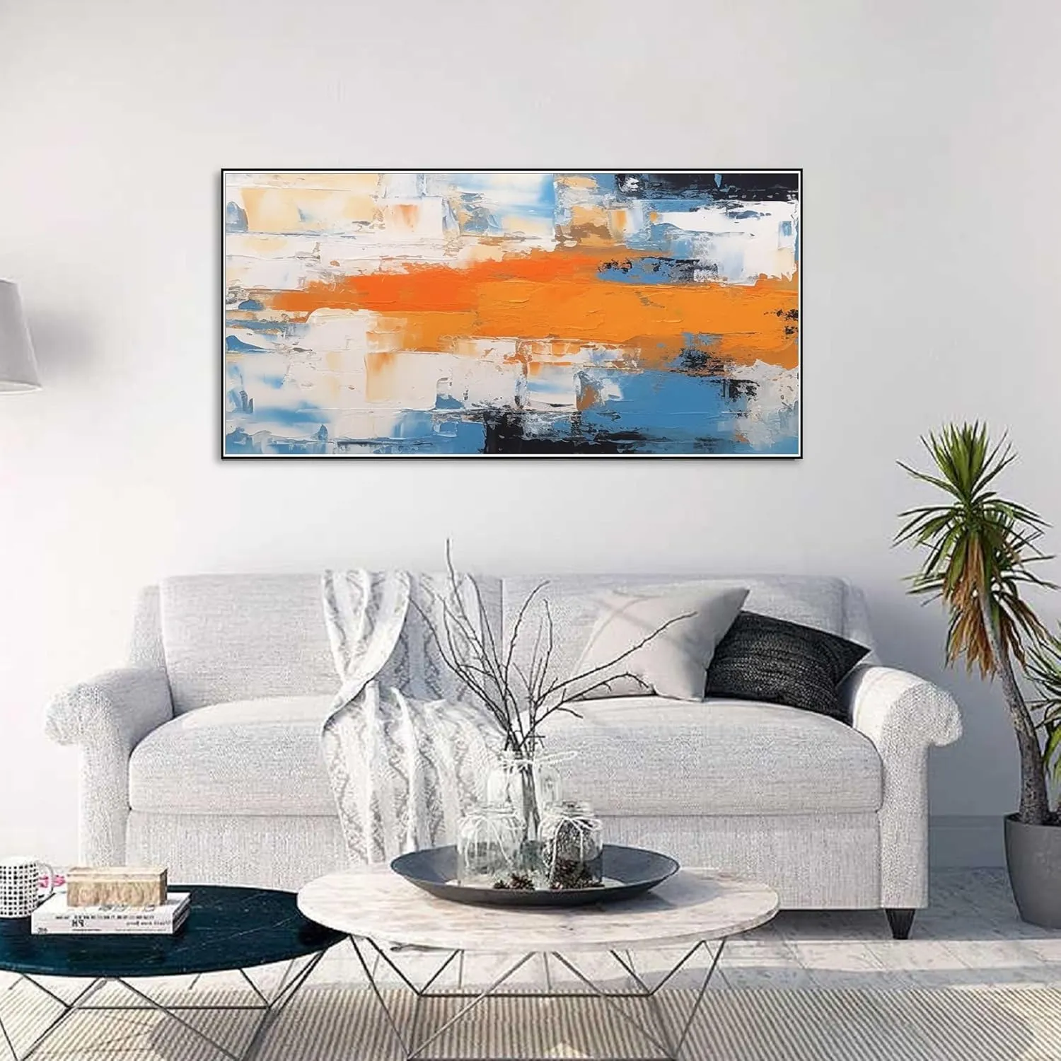 Yahedoba Blue and white wabi-sabi style hand-painted acrylic oil painting,(81 * 162cm) 32 * 64 Inches,Unstretched,Frameless