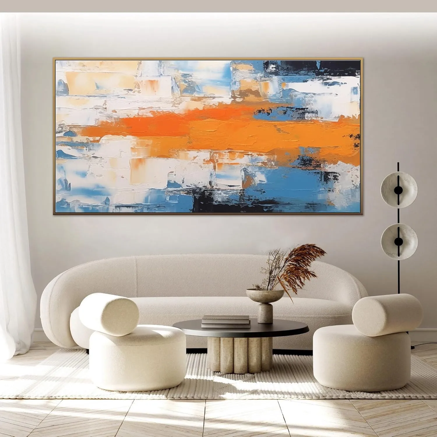 Yahedoba Blue and white wabi-sabi style hand-painted acrylic oil painting,(81 * 162cm) 32 * 64 Inches,Unstretched,Frameless